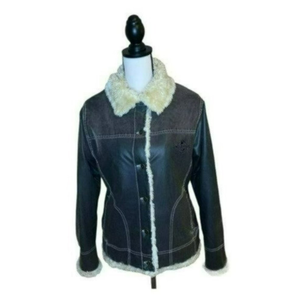 Universal Studios Retro Brown Pinstriped Faux Fur Lined Bomber Jacket Size M - Picture 2 of 15